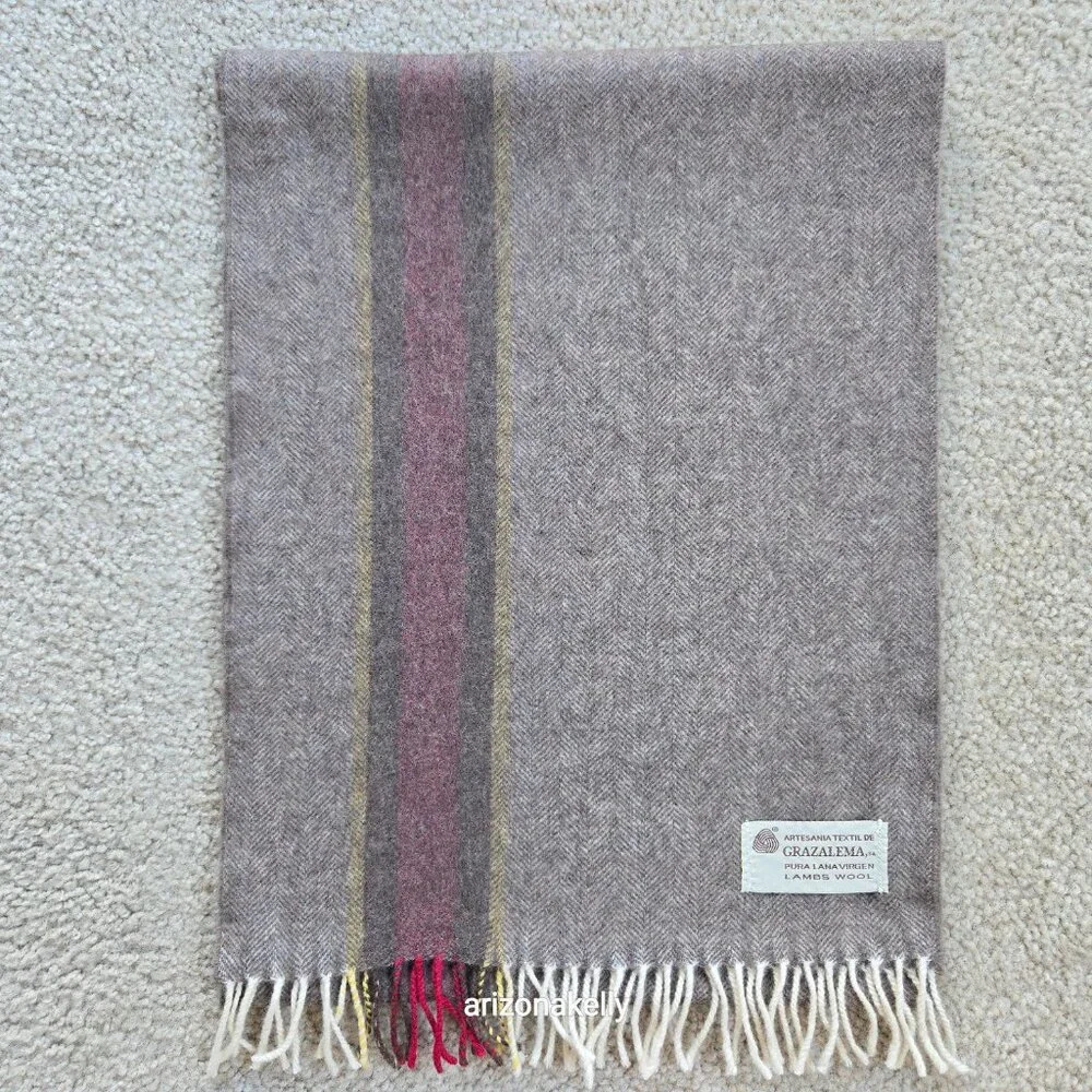 NWOT Wool Herringbone Scarf Brown with Burgundy & Yellow Stripe